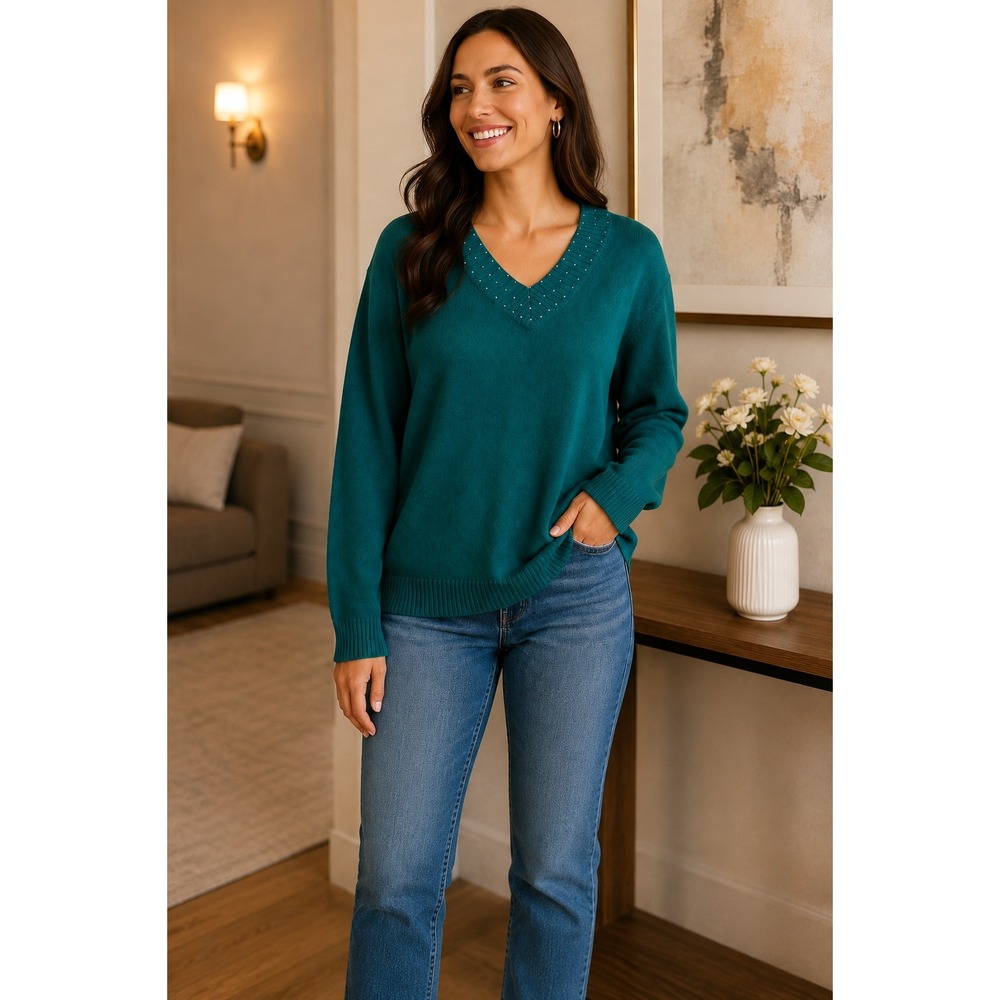 Laura Scott XL NWT Teal Green Rhinestone V Neck Classic Comfort Sweater Pullover